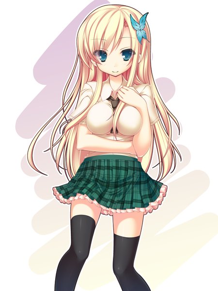 Anime picture 1350x1800 with boku wa tomodachi ga sukunai kashiwazaki sena ochinsama single long hair tall image looking at viewer breasts blue eyes light erotic blonde hair smile standing alternate legwear girl thighhighs uniform hair ornament black thighhighs school uniform