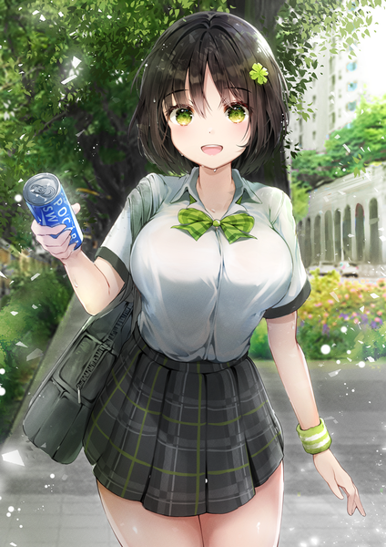 Anime picture 904x1280 with original pocari sweat hiromaster sinta jh single tall image looking at viewer blush fringe short hair breasts open mouth black hair smile hair between eyes large breasts standing holding green eyes outdoors :d