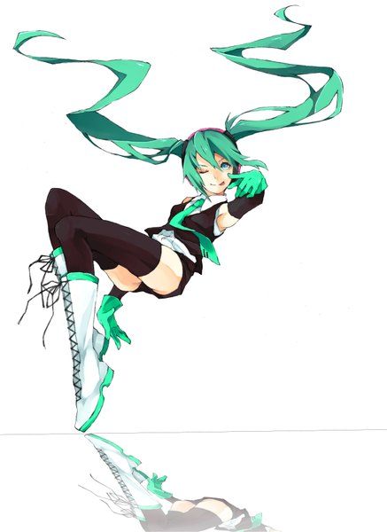 Anime picture 2549x3500 with vocaloid hatsune miku zombie neko single long hair tall image looking at viewer highres simple background white background twintails one eye closed aqua eyes wink aqua hair alternate costume reflection :p girl thighhighs