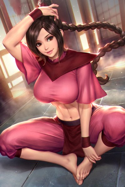 Anime picture 2400x3597 with avatar: the last airbender nickelodeon ty lee nudtawut thongmai single long hair tall image looking at viewer fringe highres breasts smile brown hair large breasts sitting brown eyes signed payot full body bent knee (knees)