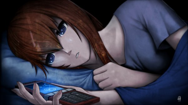 Anime picture 1280x720 with steins;gate white fox makise kurisu fixelcat single long hair fringe brown hair wide image purple eyes lying parted lips fingernails lips on side girl mobile phone