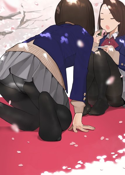 Anime picture 858x1200 with miru tights moegi homi aikawa ren yomu (sgt epper) tall image short hair open mouth light erotic brown hair sitting multiple girls holding full body bent knee (knees) outdoors eyes closed :d pleated skirt from behind arm support
