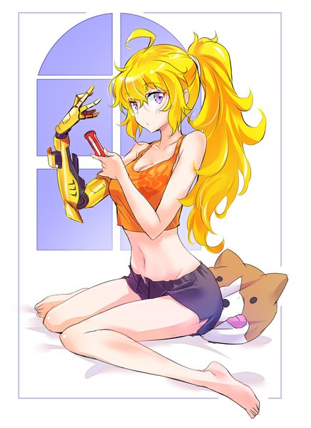 Anime picture 1164x1600 with rwby rooster teeth yang xiao long zwei (rwby) iesupa single long hair tall image looking at viewer breasts blonde hair large breasts sitting purple eyes ahoge ponytail barefoot midriff wariza wavy hair