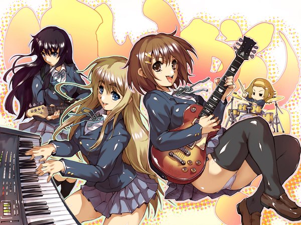 Anime picture 1600x1200 with k-on! kyoto animation akiyama mio hirasawa yui kotobuki tsumugi tainaka ritsu hisahiko light erotic wallpaper thighhighs underwear panties guitar