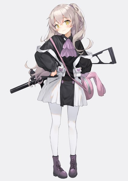 Anime picture 1414x2000 with girls frontline ump45 (girls frontline) ump45 (agent lop rabbit) (girls frontline) lee seok ho single long hair tall image looking at viewer blush fringe simple background smile hair between eyes standing yellow eyes silver hair full body head tilt grey background one side up