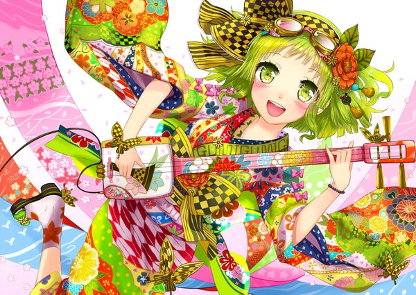 Anime picture 1680x1191 with vocaloid gumi kanipanda single long hair blush open mouth green eyes traditional clothes japanese clothes green hair girl flower (flowers) petals kimono