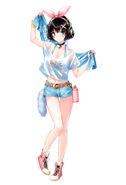Anime picture 1200x1757 with original kazuharu kina single tall image blush fringe short hair blue eyes black hair smile hair between eyes standing holding looking away full body arms up midriff thigh gap transparent background lacing