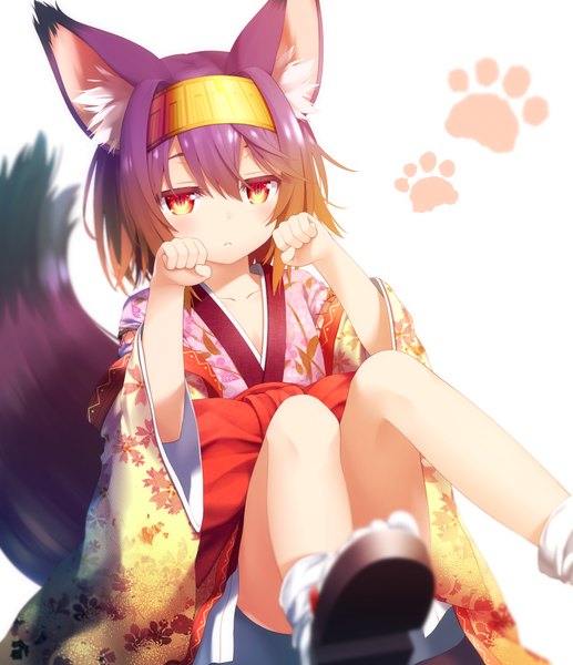 Anime picture 750x870 with no game no life madhouse hatsuse izuna haribote (tarao) single tall image looking at viewer blush fringe short hair simple background white background animal ears purple hair bent knee (knees) tail traditional clothes japanese clothes animal tail loli