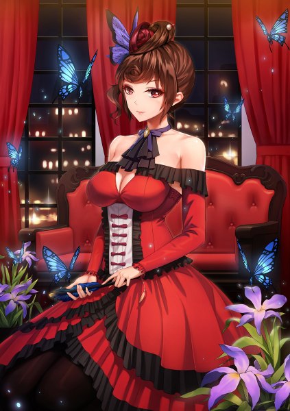 Anime picture 846x1200 with zombie land saga mappa yuugiri (zombie land saga) obaoba (monkeyix) single tall image looking at viewer blush fringe short hair breasts red eyes brown hair large breasts sitting bare shoulders holding payot cleavage indoors
