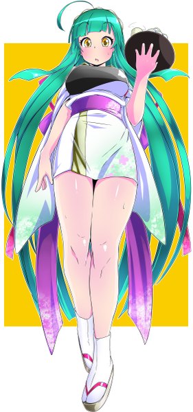 Anime picture 1126x2400 with nikupizzau single tall image looking at viewer blush yellow eyes very long hair aqua hair from below legs waitress girl socks shoes white socks tray