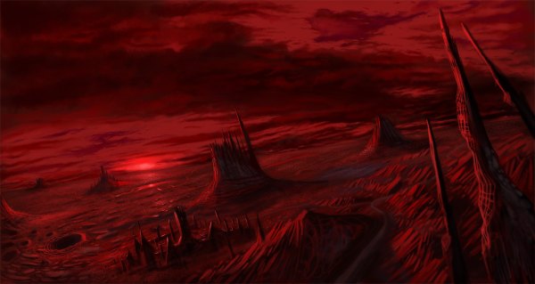 Anime picture 1200x638 with original adoc (artist) wide image evening sunset red background landscape rock panorama