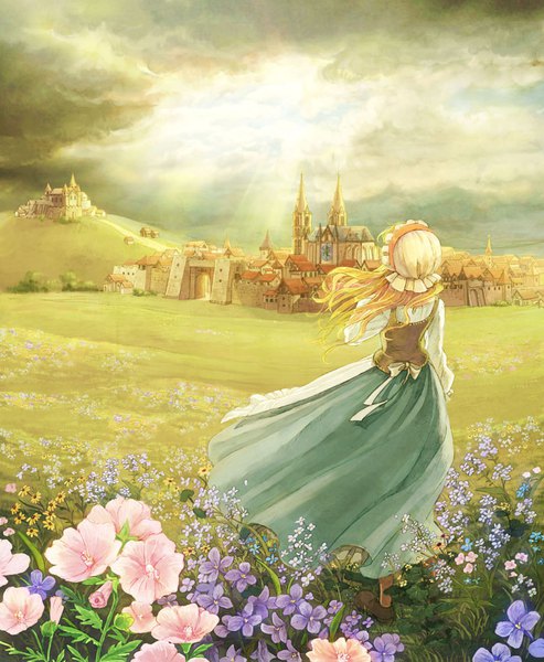 Anime picture 780x950 with original com kom single long hair tall image blonde hair standing sky cloud (clouds) full body outdoors wind from behind sunlight scenic girl skirt flower (flowers) hat shirt
