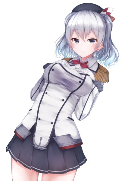 Anime picture 1254x1771 with kantai collection kashima training cruiser waterdog single tall image looking at viewer blush short hair blue eyes simple background white background silver hair girl skirt gloves miniskirt white gloves beret epaulettes