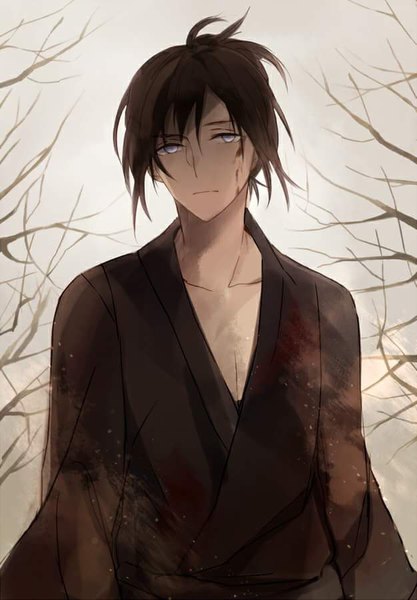 Anime picture 626x900 with noragami studio bones yato (noragami) enlin single tall image looking at viewer fringe black hair standing purple eyes sad boy blood