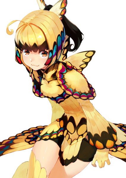 Anime picture 744x1052 with monster hunter monster hunter: world monster hunter (character) butterfly (armor) maeya susumu single tall image looking at viewer short hair black hair simple background blonde hair white background sitting brown eyes ahoge ponytail multicolored hair from above :3