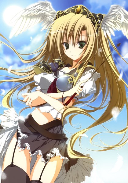 Anime picture 2446x3500 with inugami kira single long hair tall image highres light erotic blonde hair green eyes scan head wings girl thighhighs skirt black thighhighs miniskirt belt garter straps