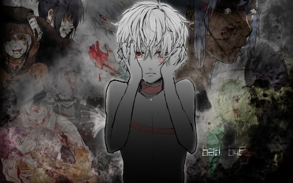 Anime picture 1680x1051 with no.6 studio bones shion (no.6) short hair red eyes wide image nude grey hair inscription multiple persona boy blood