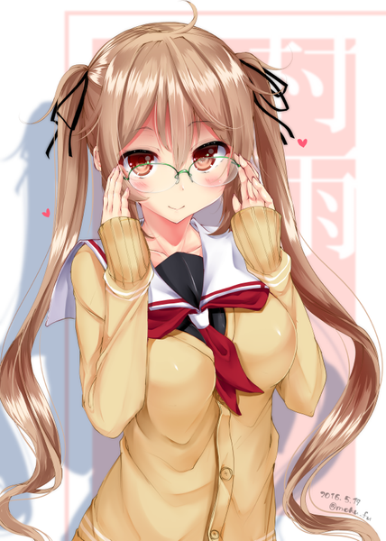 Anime picture 600x840 with kantai collection murasame destroyer mokufuu single long hair tall image looking at viewer blush fringe simple background smile hair between eyes brown hair white background twintails brown eyes signed upper body ahoge long sleeves