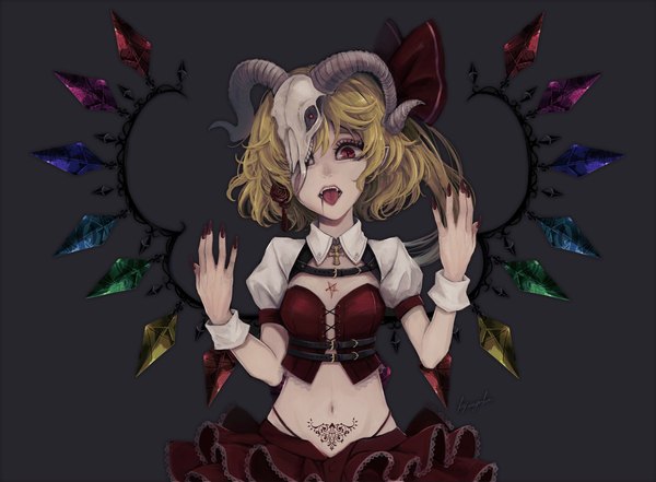 Anime picture 2048x1506 with touhou flandre scarlet kyogoku-uru single looking at viewer fringe highres short hair open mouth simple background blonde hair hair between eyes red eyes signed nail polish fingernails teeth short sleeves fang (fangs) tattoo