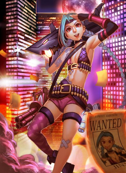 Anime picture 1088x1500 with league of legends jinx (league of legends) kalata single long hair tall image light erotic red eyes blue hair armpit (armpits) tattoo city looking up cityscape salute girl thighhighs gloves weapon elbow gloves