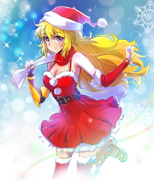 Anime picture 1280x1501 with rwby rooster teeth yang xiao long iesupa single long hair tall image looking at viewer breasts blonde hair smile purple eyes cleavage grin christmas girl thighhighs dress hat boots