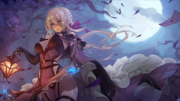 Anime picture 5760x3240 with violet evergarden kyoto animation violet evergarden (character) mitsu (mitsu art) single long hair looking at viewer blush fringe highres breasts blue eyes light erotic blonde hair hair between eyes wide image large breasts standing holding signed