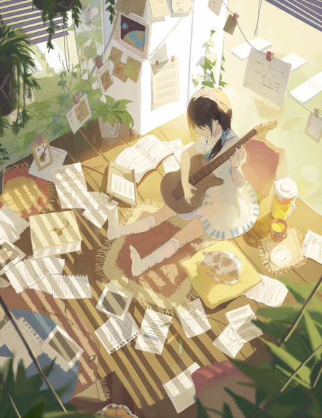 Anime picture 774x1002 with original spencer sais single long hair tall image fringe brown hair sitting indoors eyes closed from above sunlight sleeping game girl dress plant (plants) animal socks window