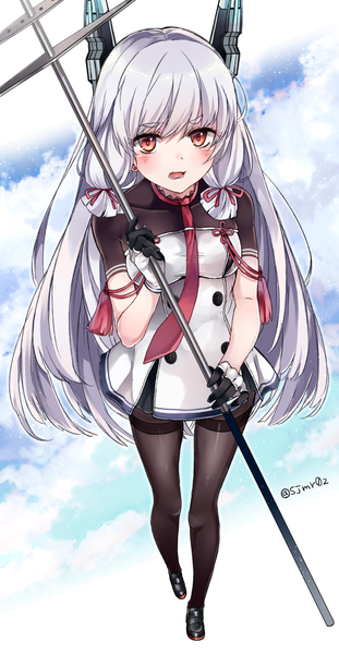 Anime picture 600x1156 with kantai collection murakumo destroyer shijima (sjmr02) single long hair tall image looking at viewer blush fringe open mouth red eyes signed silver hair blunt bangs from above teeth fang (fangs) tress ribbon remodel (kantai collection) girl
