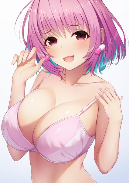 Anime picture 1200x1694 with idolmaster idolmaster cinderella girls yumemi riamu kannko bokujou single tall image looking at viewer blush fringe short hair breasts open mouth light erotic simple background smile hair between eyes large breasts standing white background bare shoulders