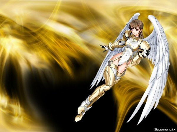 Anime picture 1024x768 with tony taka yellow background girl wings tempest lina maclorchlain