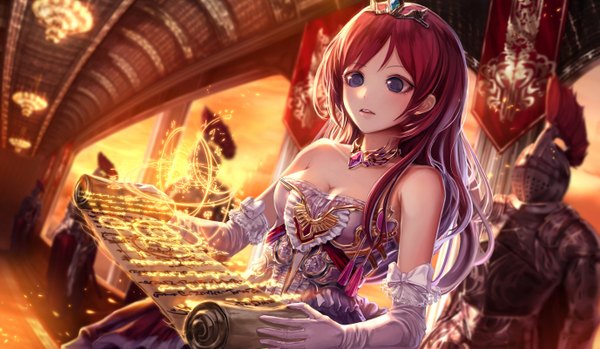 Anime picture 1378x802 with original jname single long hair blue eyes wide image bare shoulders red hair magic light girl dress gloves elbow gloves white gloves armor jewelry tiara carpet scroll
