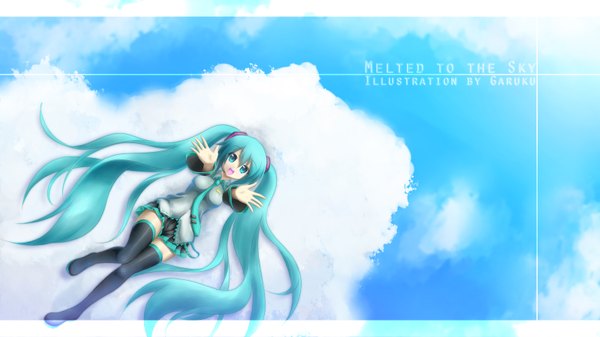 Anime picture 1600x900 with vocaloid hatsune miku long hair open mouth wide image twintails green eyes cloud (clouds) aqua hair outstretched arm girl thighhighs necktie