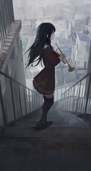 Anime picture 2976x5565 with hibike! euphonium kyoto animation kousaka reina modare single long hair tall image fringe highres black hair standing holding full body outdoors profile from above from behind city girl thighhighs