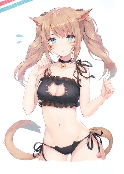 Anime picture 2111x2952 with final fantasy final fantasy xiv square enix miqo'te momoko (momopoco) single long hair tall image looking at viewer blush fringe highres breasts open mouth light erotic simple background brown hair large breasts white background twintails