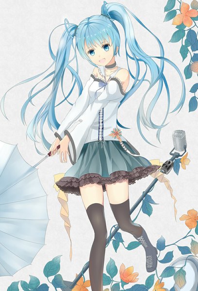 Anime picture 800x1175 with vocaloid hatsune miku zzzzzzz single long hair tall image looking at viewer open mouth blue eyes twintails blue hair zettai ryouiki girl thighhighs dress black thighhighs detached sleeves boots leaf (leaves) umbrella