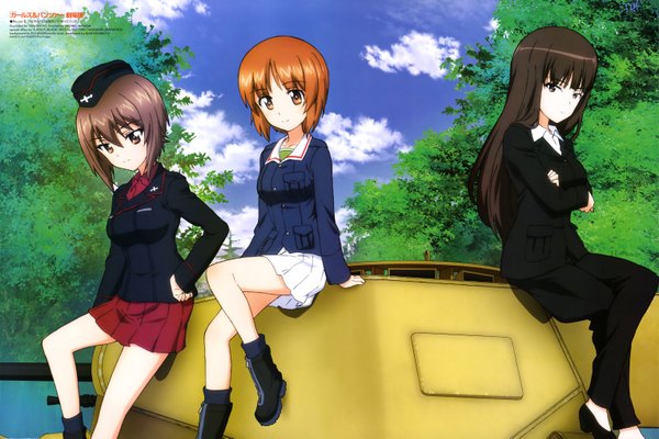 Anime picture 6110x4081 with girls und panzer nishizumi miho nishizumi maho nishizumi shiho itou takeshi long hair highres short hair black hair brown hair sitting multiple girls brown eyes absurdres sky cloud (clouds) orange hair official art crossed legs girl