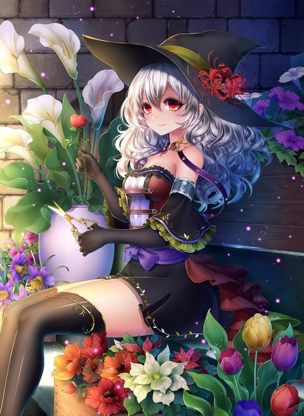 Anime picture 1196x1635 with original kasugaya long hair tall image red eyes sitting silver hair girl thighhighs dress gloves flower (flowers) black thighhighs hat black gloves elbow gloves witch hat higanbana scissors morning glory