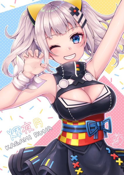 Anime picture 820x1160 with virtual youtuber the moon studio kaguya luna hinata mizuiro single tall image looking at viewer blush fringe breasts blue eyes light erotic smile large breasts standing twintails bare shoulders signed animal ears silver hair