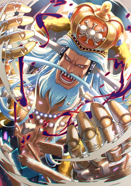 Anime picture 1570x2220 with one piece toei animation avalo pizarro youkan (tako) single long hair tall image open mouth blue hair horn (horns) teeth doll joints boy crown beard mustache