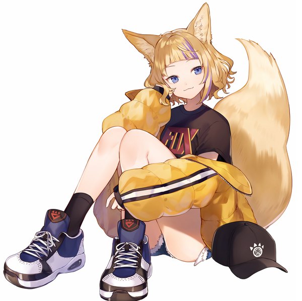 Anime picture 800x798 with original shugao single looking at viewer fringe short hair blue eyes simple background blonde hair smile white background sitting animal ears full body bent knee (knees) tail blunt bangs head tilt animal tail multicolored hair