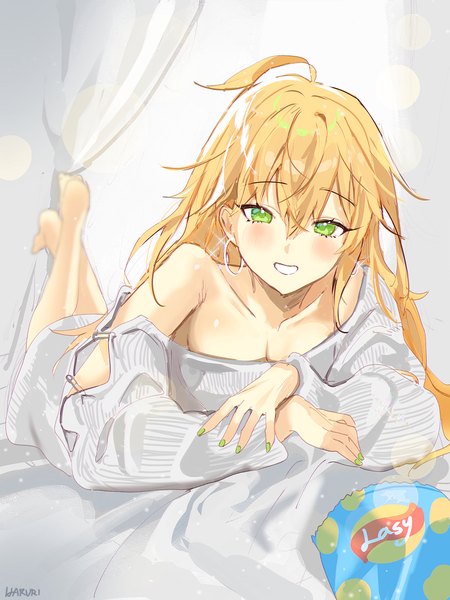 Anime picture 1000x1334 with idolmaster idolmaster (classic) hoshii miki haruri single long hair tall image looking at viewer blush fringe breasts light erotic blonde hair smile hair between eyes large breasts green eyes signed cleavage full body