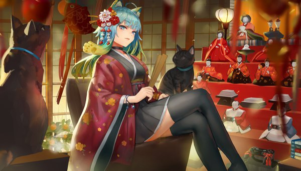 Anime picture 1750x1000 with original canking single long hair looking at viewer fringe highres blue eyes wide image sitting holding animal ears blue hair ahoge bent knee (knees) indoors traditional clothes japanese clothes multicolored hair green hair