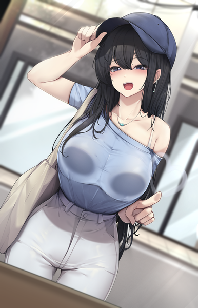 Anime picture 882x1371 with original ddangbi single long hair tall image looking at viewer blush fringe breasts open mouth light erotic black hair smile hair between eyes large breasts standing bare shoulders payot head tilt :d