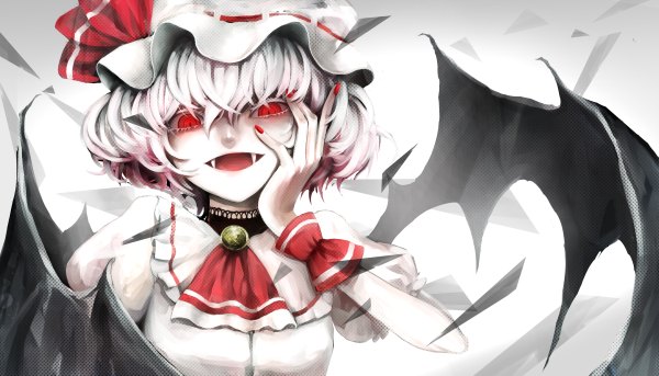Anime picture 1200x686 with touhou remilia scarlet lam (ramdayo) single looking at viewer fringe short hair open mouth red eyes wide image white hair nail polish teeth fang (fangs) bat wings red nail polish hand on cheek girl wings bonnet
