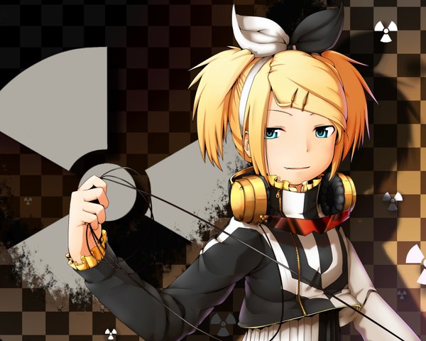 Anime picture 1792x1434 with project diva vocaloid meltdown (vocaloid) kagamine rin shima (sh1mamu) highres blue eyes blonde hair checkered background girl bow hair bow headphones wire (wires)