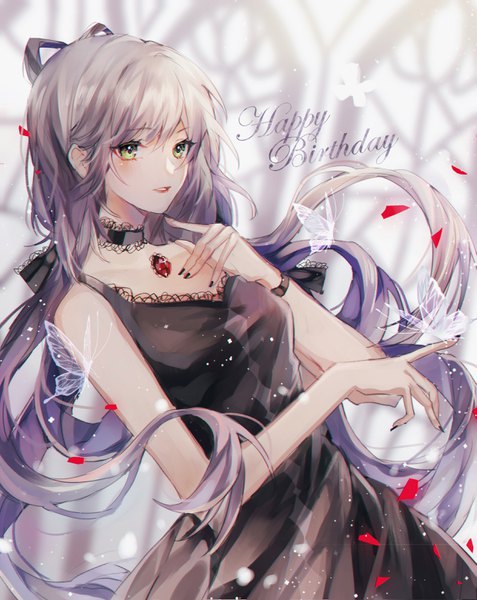 Anime picture 2480x3119 with vocaloid vocaloid china luo tianyi kuuus single long hair tall image blush fringe highres breasts hair between eyes green eyes looking away purple hair nail polish parted lips multicolored hair fingernails lips