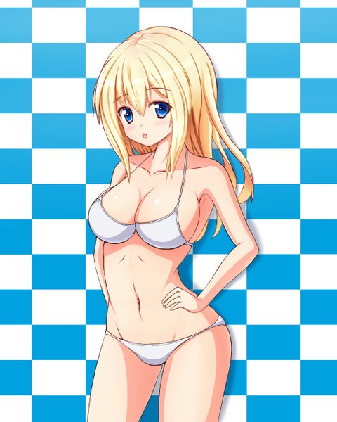 Anime picture 1024x1280 with original aneten long hair tall image looking at viewer blush open mouth blue eyes light erotic blonde hair bare shoulders midriff underwear only checkered background girl navel underwear panties