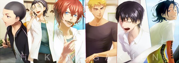 Anime picture 1700x600 with yowamushi pedal toudou jinpachi sangaku manami arakita yasutomo shinkai hayato fukutomi juichi izumida touichirou joka (night gate) short hair open mouth blue eyes black hair blonde hair smile brown hair wide image multiple boys group multiview column lineup