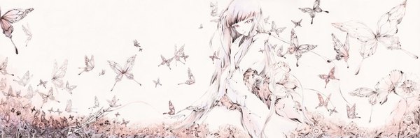 Anime picture 2000x661 with original charmal (pixiv) single long hair wide image sitting monochrome skeleton girl flower (flowers) insect butterfly thread red thread
