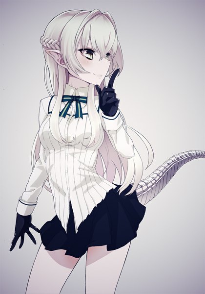 Anime picture 731x1045 with original nike (pixiv) single long hair tall image blush fringe breasts blonde hair smile standing looking away white hair tail pointy ears grey eyes half updo girl skirt gloves